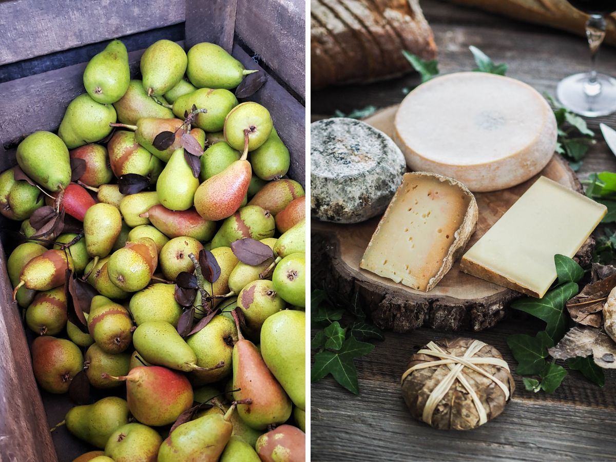 poires au marché et plateau de fromage